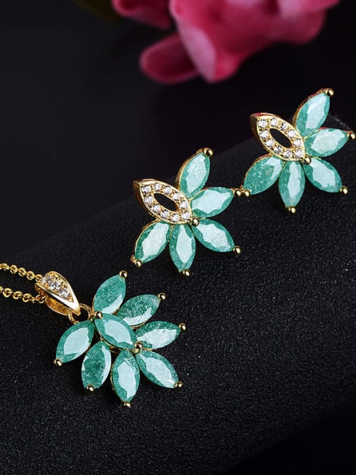 Brass Aqua Green (ear stud) Classic Leaf Copper Cubic Zirconia Earring and Necklace Set