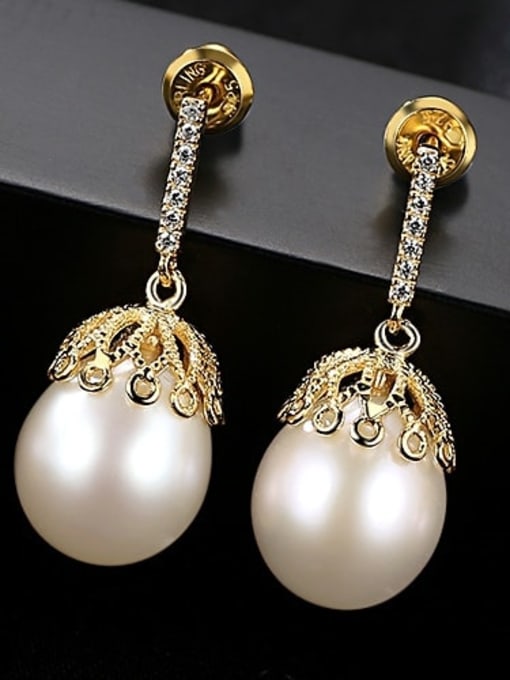 White 3A03 925 Sterling Silver Water Drop  Freshwater Pearl Trend  Lace design Drop Earring