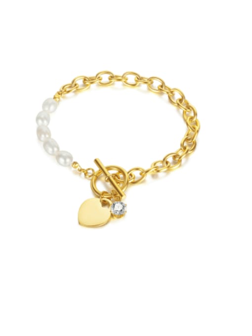 1231 gold plated bracelet Titanium Steel Imitation Pearl Heart Minimalist Link Bracelet