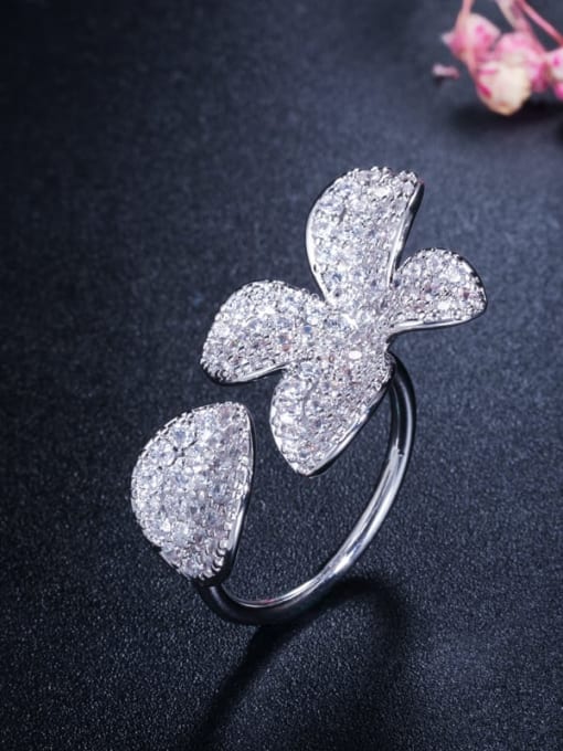 platinum Brass Cubic Zirconia Flower Luxury Statement Ring
