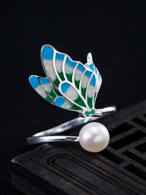 Colorful butterfly ring 925 Sterling Silver Imitation Pearl Enamel Butterfly Vintage Necklace