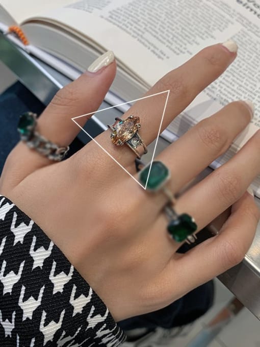 J1267 925 Sterling Silver Glass Stone Geometric Ethnic Band Ring