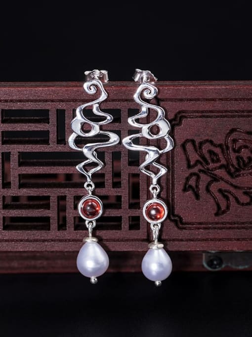 Vintage pearl garnet earrings 925 Sterling Silver Imitation Pearl Snake Vintage Drop Earring