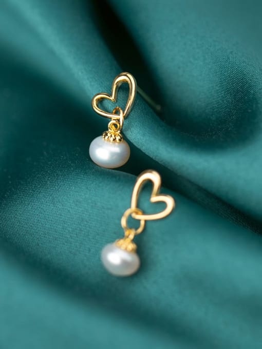 Rosh 925 Sterling Silver Imitation Pearl Hollow Heart Minimalist Stud Earring 2