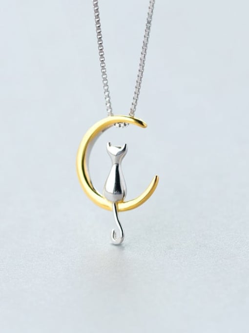 Rosh 925 Sterling Silver  Minimalist Cute  Cat Moon  Necklace 0