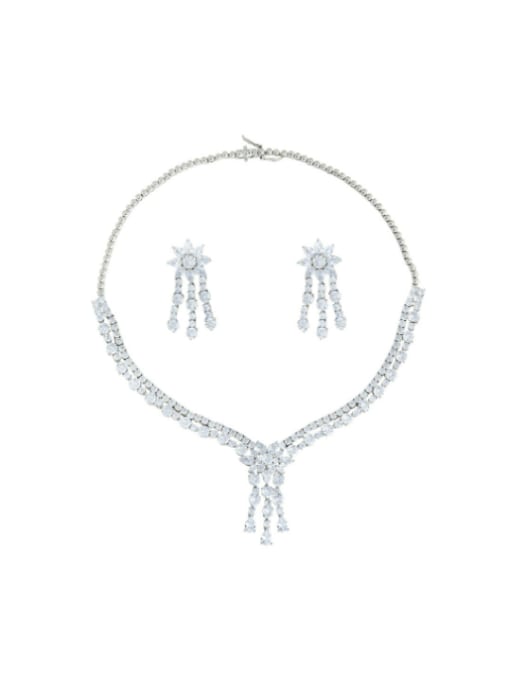 L.WIN Tassel Brass Cubic Zirconia Statement Earring and Necklace Set 2