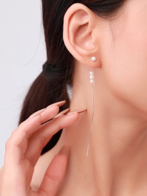 MODN 925 Sterling Silver Imitation Pearl Tassel Minimalist Threader Earring 1