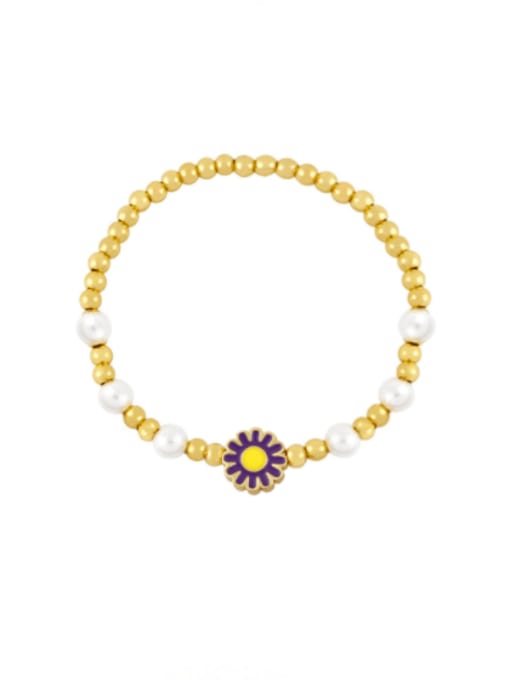 purple Brass Imitation Pearl Enamel Flower Hip Hop Beaded Bracelet