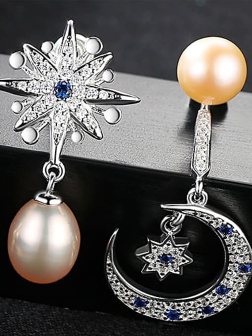Pink 1F08 925 Sterling Silver Fashion Asymmetric Snowflake Moon Freshwater Pearl Drop Earring
