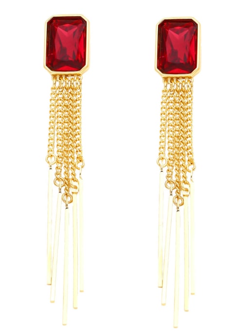 red Brass Glass Stone Tassel Minimalist Drop Earring