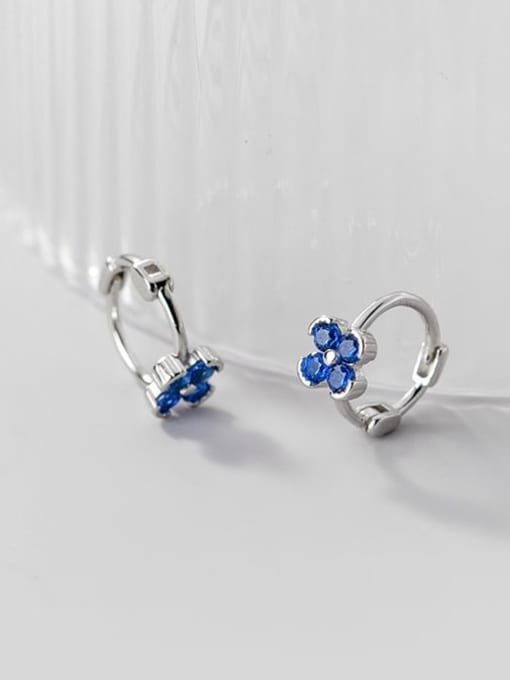 Silver +Blue 925 Sterling Silver Cubic Zirconia Flower Minimalist Huggie Earring