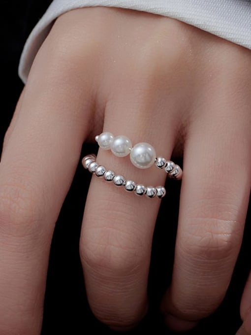 BeiFei Minimalism Silver 925 Sterling Silver Imitation Pearl Geometric Minimalist Stackable Ring 1