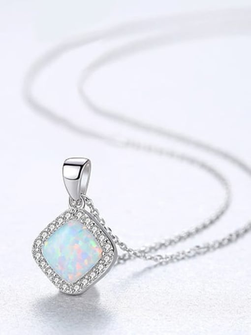 White 20f05 925 Sterling Silver Opal Multi Color Simple square pendant  Necklace