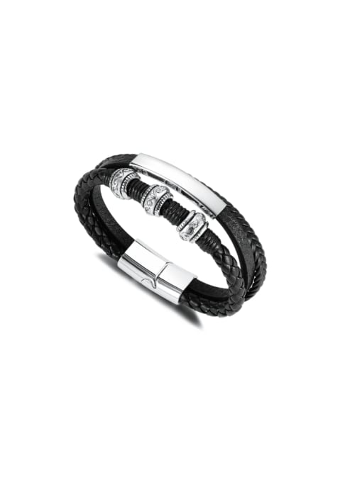 PH1581 Leather Bracelet Titanium Steel Artificial Leather Weave Hip Hop Strand Bracelet