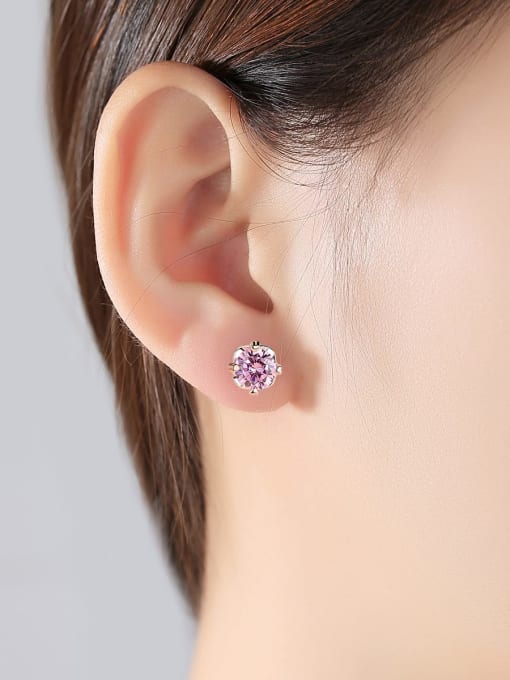 CCUI 925 Sterling Silver Cubic Zirconia Pink Round Minimalist Stud Earring 1