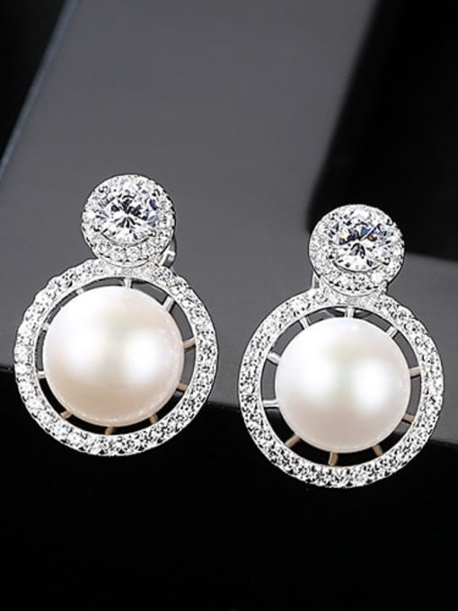 White 1k16 925 Sterling Silver Freshwater Pearl White Round Luxury Stud Earring
