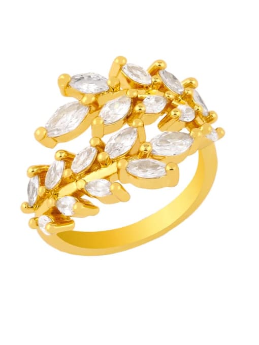 gold Brass Cubic Zirconia Leaf Dainty Band Ring