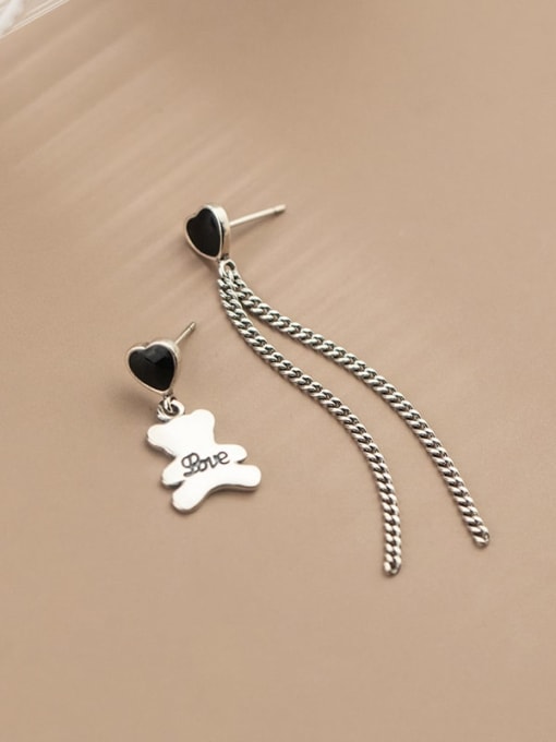 Rosh 925 Sterling Silver Vintage  Asymmetric chain love bear Threader Earring 2