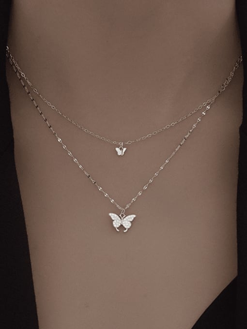 BeiFei Minimalism Silver 925 Sterling Silver Cubic Zirconia Butterfly Dainty Multi Strand Necklace 3