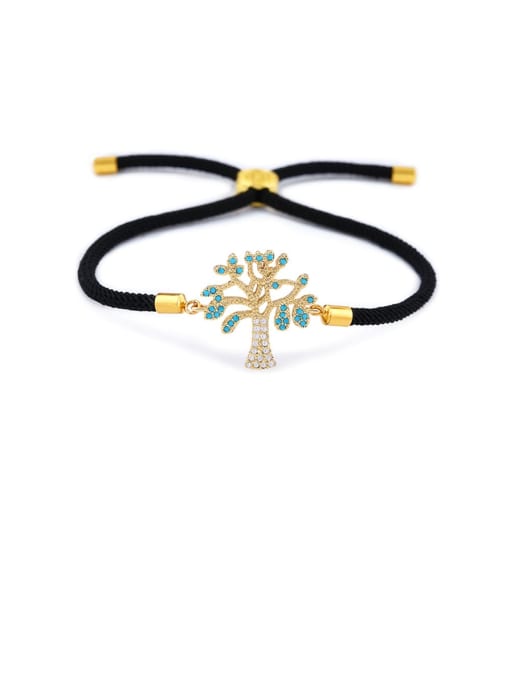 Black rope gold Brass Cubic Zirconia Tree Minimalist Adjustable Bracelet
