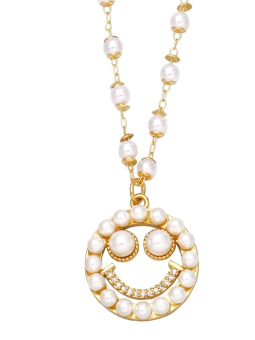 B Brass Imitation Pearl Heart Vintage  Smiley Pendnat Necklace