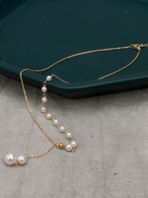 RAIN Brass Freshwater Pearl Tassel Minimalist Lariat Necklace 2