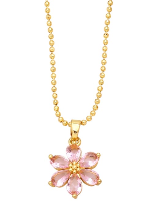 Pink Brass Cubic Zirconia Flower Vintage Necklace