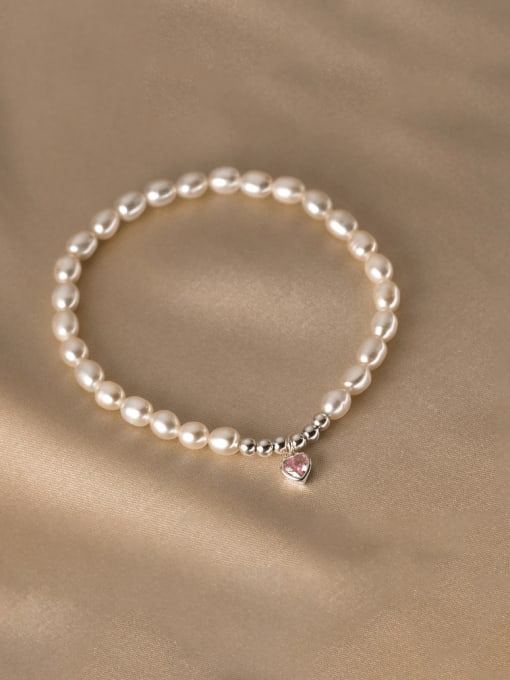 Pink 925 Sterling Silver Imitation Pearl Heart Minimalist Stretch Bracelet