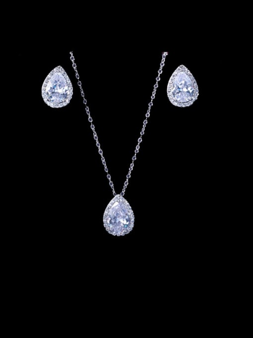 platinum Brass Cubic Zirconia Luxury Water Drop  Earring and Necklace Set