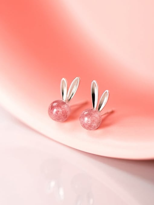 Rosh 925 Sterling Silver  Cute Strawberry Crystal Moonstone rabbit  Stud Earring 1