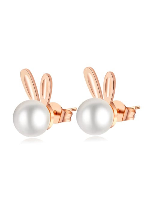 799 steel earrings rose gold Titanium Steel Imitation Pearl Rabbit Cute Stud Earring