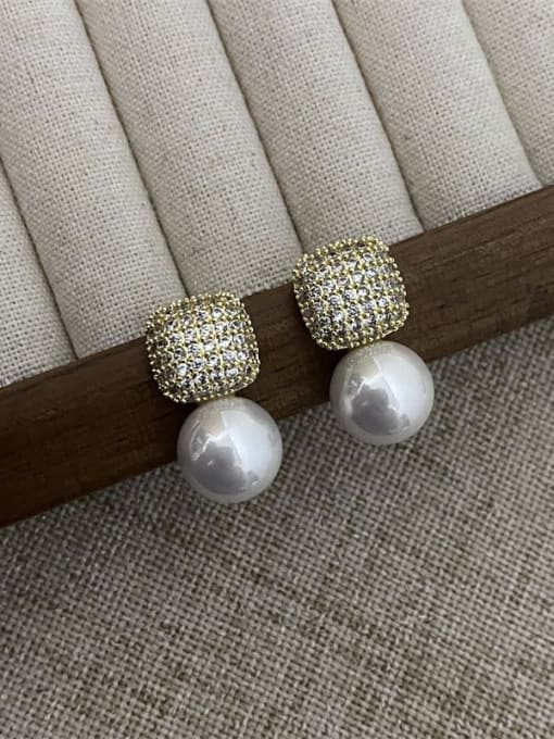 Gold micro inlaid pearl earrings Brass Cubic Zirconia Geometric Minimalist Cluster Earring