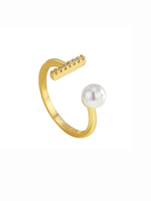 Golden Pearl Ring Brass Cubic Zirconia Geometric Minimalist Band Ring