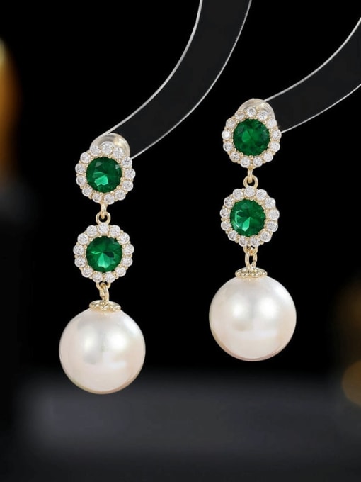 Green + white pearl Brass Cubic Zirconia Flower Minimalist Drop Earring