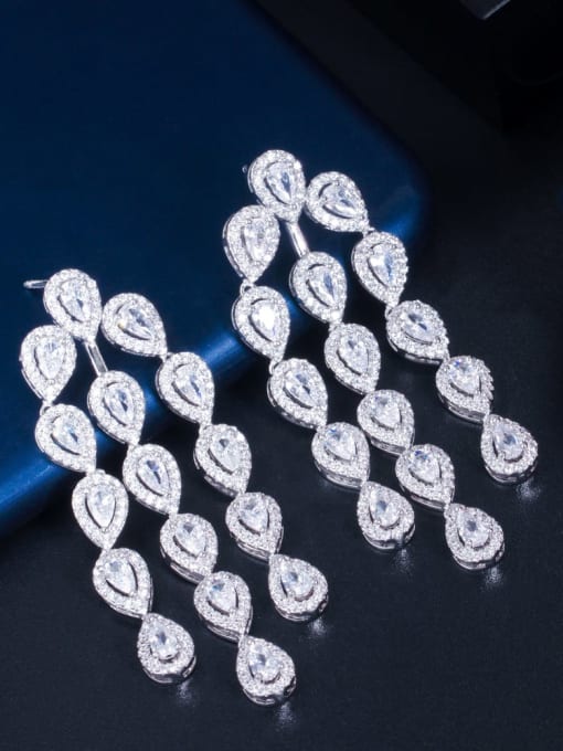platinum Brass Cubic Zirconia Water Drop  tassel Luxury Chandelier Earring