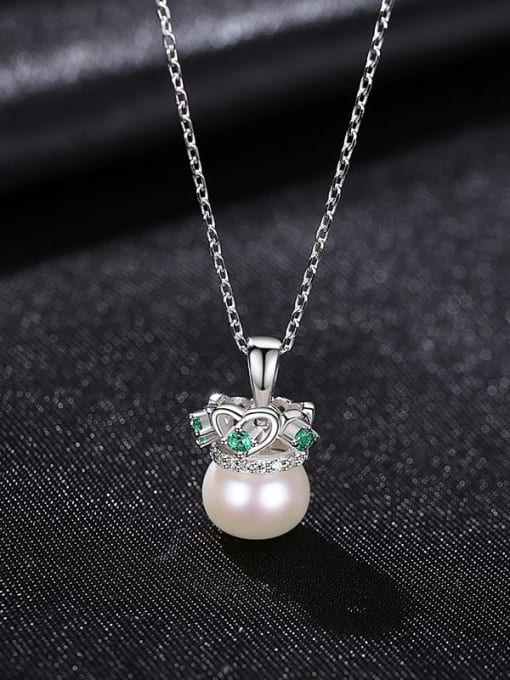 white 8A08 925 Sterling Silver Imitation Pearl Crown Minimalist Necklace