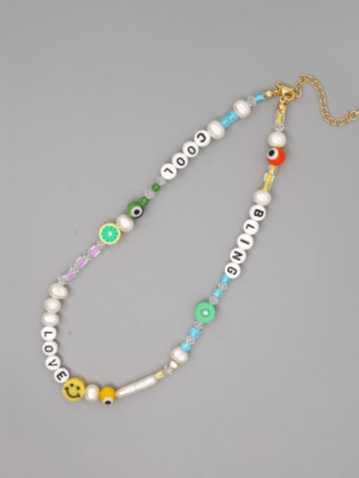 ZZ N200045A Stainless steel Freshwater Pearl Multi Color Enamel Smiley Bohemia Necklace