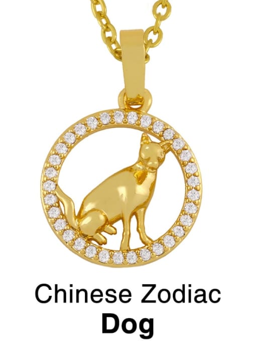 Dog Brass Cubic Zirconia Ethnic 12 Zodiac Pendant  Necklace