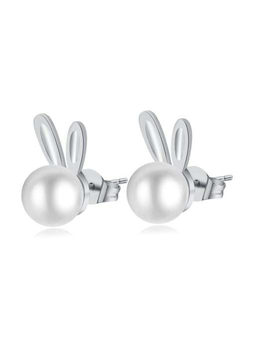 799 steel stud steel color Titanium Steel Imitation Pearl Rabbit Cute Stud Earring