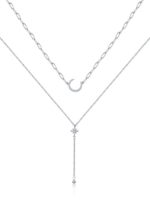 MODN 925 Sterling Silver Cubic Zirconia Moon Tassel Minimalist Multi Strand Necklace