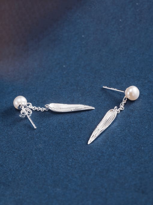 SILVER MI 925 Sterling Silver Imitation Pearl Leaf Vintage Drop Earring