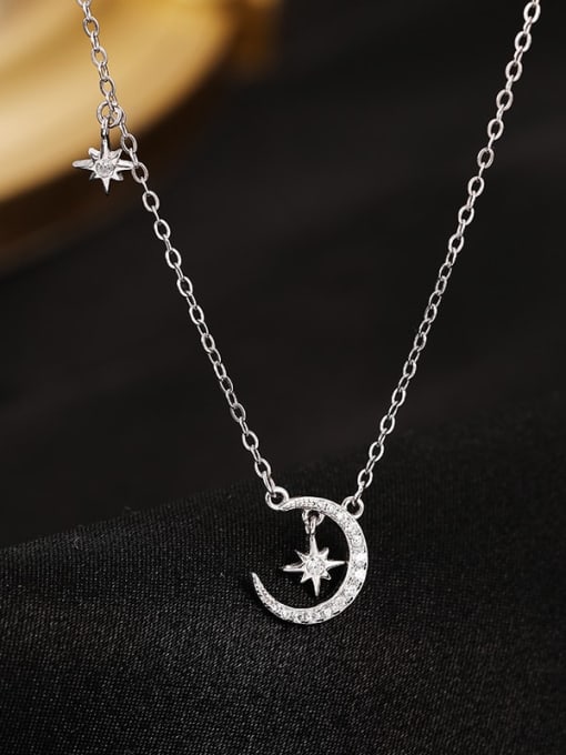 BeiFei Minimalism Silver 925 Sterling Silver Cubic Zirconia Moon Dainty Necklace 3
