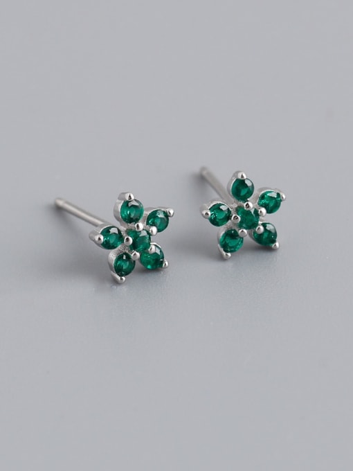 Green stone (Platinum) plastic plug 925 Sterling Silver Cubic Zirconia Flower Vintage Stud Earring
