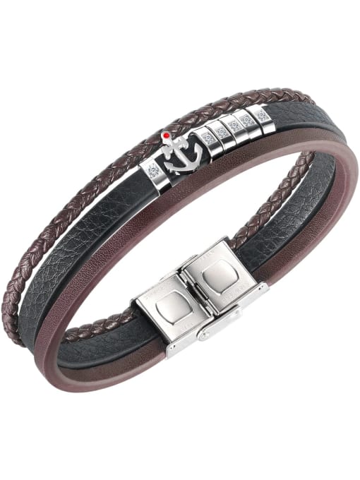 Open Sky Titanium Steel Leather Anchor Hip Hop Wristband Bracelet 0