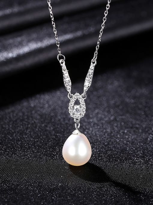Withe 8B10 925 Sterling Silver Freshwater Pearl Water Drop Minimalist Necklace