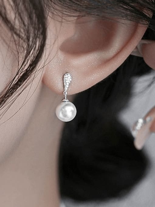 Rosh 925 Sterling Silver Imitation Pearl Ball Minimalist Drop Earring 1