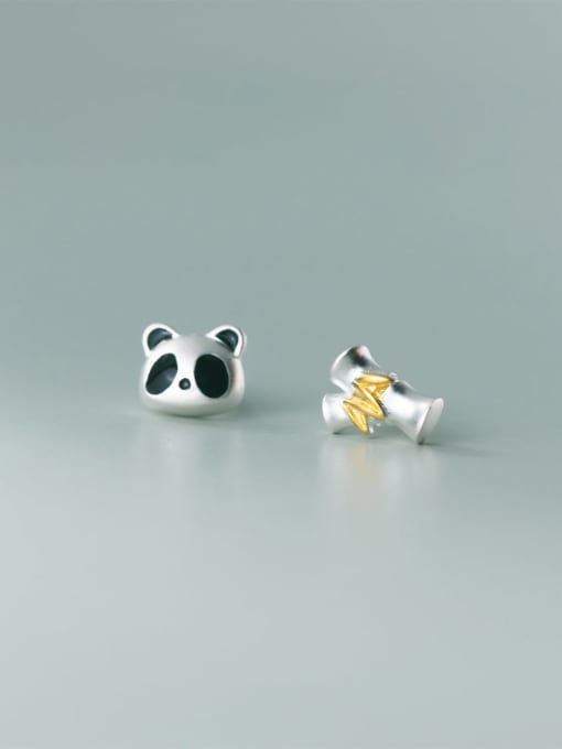 Rosh 925 Sterling Silver Cute  Asymmetrical  Panda Bamboo Stud Earring 3