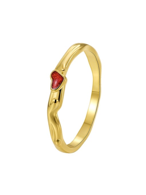 Gold Heart Shaped Red Zircon Ring Brass Enamel Heart Minimalist Band Ring