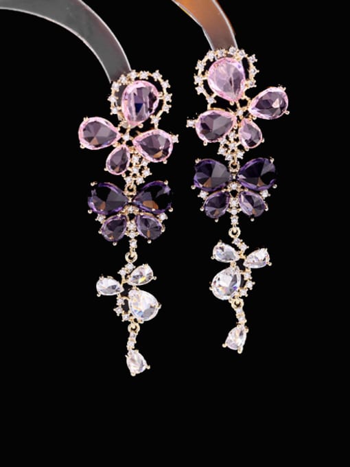 Pink+ purple Brass Cubic Zirconia Flower Luxury Drop Earring
