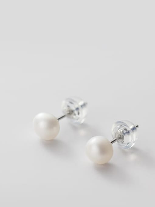 White Pearl Earrings Silver 6- 7MM 925 Sterling Silver Freshwater Pearl  Round Minimalist Stud Earring